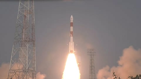 ISRO's PSLV-C58 carrying an X-ray polarimeter satelite and 10 other satelites lifts off from the spaceposrt of Sriharikota, Monday, Jan. 1, 2024. | PTI