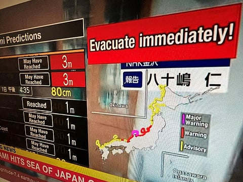 A warning message on a screen from a live feed on NHK World asking people to evacuate from the area after a series of major earthquakes hit central Japan. (Photo  | AFP)