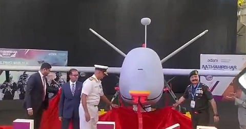 Admiral R Hari Kumar unveiling the Drishti 10 Starliner Unmanned Aerial Vehicle. (Photo | ANI)