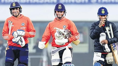 Shubman Gill (L),  Yashasvi Jaiswal  (C) and Tilak Varma  during a training  session in  Mohali. (File Photo | PTI)