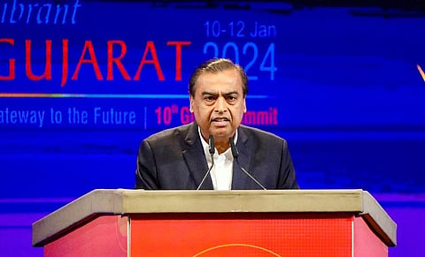Reliance Industries Chairman and Managing Director Mukesh Ambani speaks during the Vibrant Gujarat Global Summit 2024, at Mahatma Mandir in Gandhinagar, Wednesday, Jan. 10, 2024. (Photo | PTI)