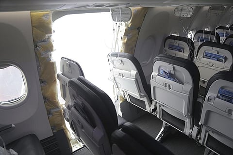 A section of Alaska Airlines Flight 1282 that is missing a panel on a Boeing 737-9 MAX in Portland, Sunday, Jan. 7, 2024.
