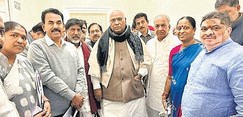 State Congress leaders with AICC chief Mallikarjun Kharge in Delhi on Thursday, January 11, 2024.