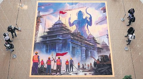 A rangoli — measuring 25ftX25ft by artist Akshay Jalihal depicting the Ayodhya Ram Mandir— on display at GT World Mall on Magadi Road in Bengaluru on Thursday.