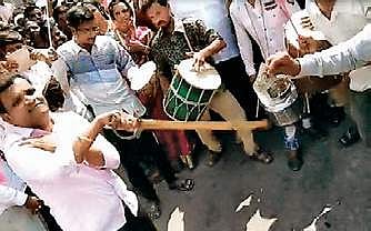 FILE This March, 2019 screen-grab from video showing TRS MLA Gadari Kishore dancing with a sword in Bhongir. (Photo | Express)