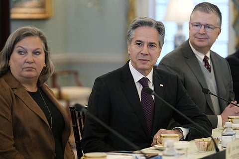 Secretary of State Antony Blinken, center, during a meeting with People's Republic of China CCP International Liaison Department Minister Liu Jianchao. (Photo | AP)