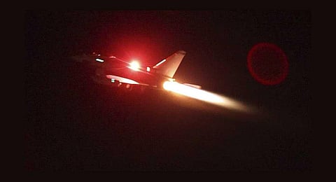 In this image provided by the UK Ministry of Defence taken on Thursday Jan. 11, 2024 shows an RAF Typhoon aircraft taking off from RAF Akrotiri in Cyprus, for a mission to strike targets in Yemen. (AP