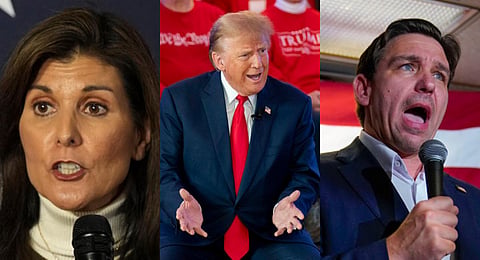 Republican presidential candidates Nikki Haley, Donald Trump and Ron Desantis speak at campaign events in Iowa. | AP