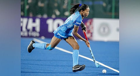 Salima Tete in action against New Zealand as India bagged 3-1 victory in Ranchi. 