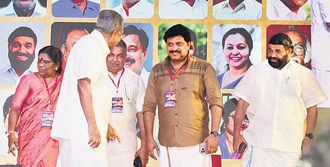 Chief Minister Pinarayi Vijayan greeting Saji Cherian and  other cabinet ministers as he arrives for the Nava Kerala Sadas in Kochi on Monday | A Sanesh