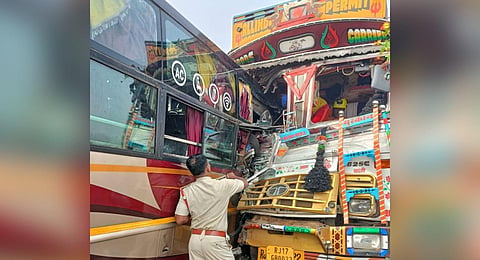 Truck-bus collision that happened on Cuttack-Chandabali state highway in Cuttack district on Tuesday.