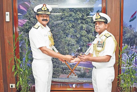 Vice Admiral V Srinivas, who took charge as Flag Officer Commanding-in-Chief of Southern Naval Command, accepting the baton from his predecessor Vice Admiral M A Hampiholi.