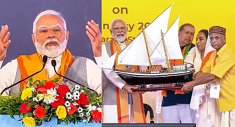 Prime Minister Narendra Modi addresses during a rally for laying of foundation stones and inauguration of various development projects, in Kavaratti, Lakshadweep. (Photo | PTI)