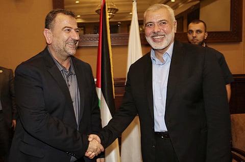 Hamas deputy Saleh al-Aruri with his Chief  Ismail Haniyeh.(Photo| AP)