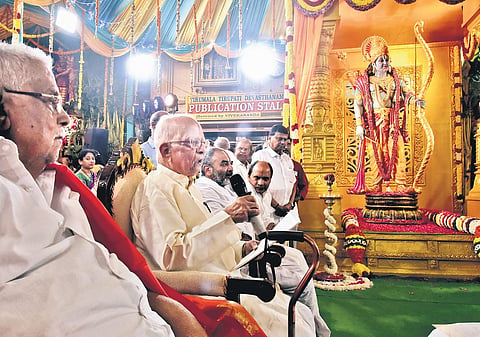 Lawyer K Parasaran speaks after unveiling Lord Rama’s statue at TTD Devasthanam in T Nagar as part of the Ram temple consecration celebrations | Express
