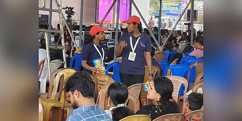 Volunteers of Team Kerala ensuring green protocol at the main venue of the state school arts festival. (Photo | Sovi Vidyadharan)