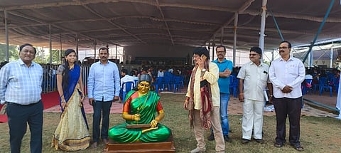 Andhra Saraswatha Parishad chairperson Ghazal Srinivas inspecting the arrangements for the World Telugu Conference in Rajamahendravaram. (Photo | Express)