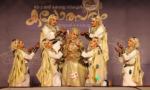 Students of Bethany St John’s EMHSS, Koothattukulam, perform in the HS category oppana competiton at the school arts festival in Kollam. (Photo | B P Deepu)