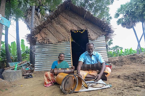 A Murugesan lost his percussion instruments, including the urumi, after the floodwater flattened his house and swept away his belongings following rain on December 17. |  V Karthikalagu