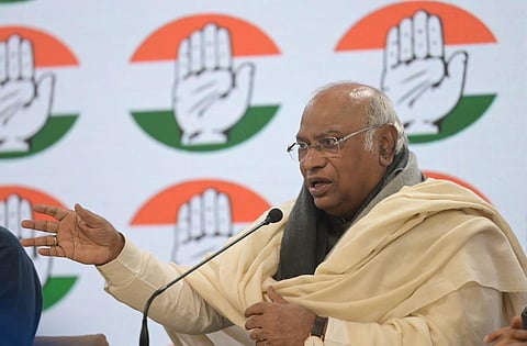 Congress President Mallikarjun Kharge addresses a press conference in New Delhi. (Photo | Shekhar Yadav)