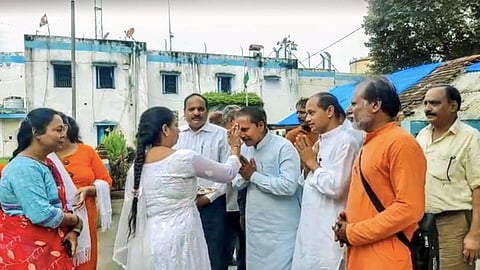 Convicts of the Bilkis Bano gang rape case of the 2002 post-Godhra riots, being welcomed as they come out of the sub-jail. 