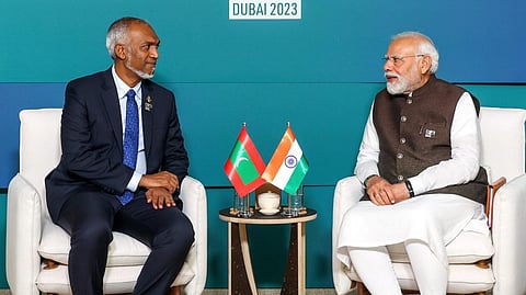 Prime Minister Narendra Modi in a meeting with President of the Maldives Mohamed Muizzu during the COP28, in the UAE  Dec. 1, 2023.