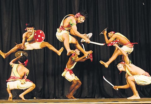 The students of Ideal EHSS, Malappuram, who came first in the Parichamuttu competition (HSS) for the 13th consecutive year