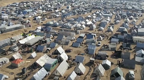 This drone image shows thousands of tents used by displaced people in Rafah, southern Gaza Strip.  (Photo| AP)