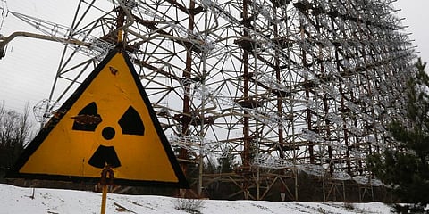 A radioactivity sign in Chernobyl, Ukraine. 