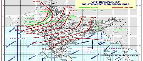 माॅन्सूनच्या परतीच्या प्रवासाची स्थिती दर्शवणारा नकाशा