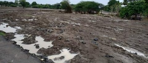 बुलडाणा ः तालुक्यात अतिवृष्टीने नदी-नाले शेतांमधून वाहिल्याने पिकत्या जमिनी अशा खरडल्या आहेत.