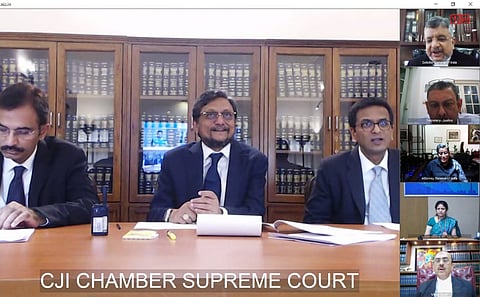 Pictured are AG KK Venugopal and DG NIC attending the hearing conducted by a 3-judge SC Bench via video conferencing. SG Tushar Mehta was also present for the video conference. 