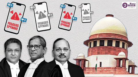 CJI Ramana, Justices Surya Kant and Vineet Saran, Pegasus