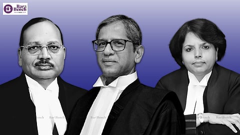 Chief Justice of India NV Ramana (centre) and Justices Surya Kant (L) and Hima Kohli (R)