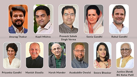 Anurag Thakur, Kapil Mishra, Pravesh Saheb Singh Verma, Sonia Gandhi, Rahul Gandhi, Priyanka Gandhi, Manish Sisodia, Harsh Mander, Asaduddin Owaisi, Swara Bhaskar, Justice (Retd) BG Kolse Patil
