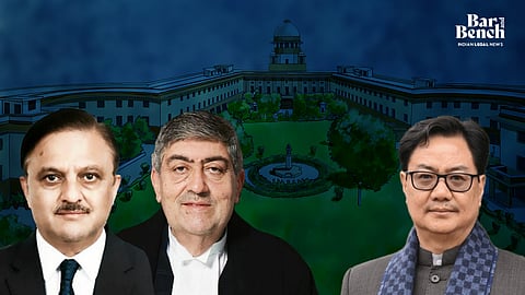 Supreme Court with Justices SK Kaul,  AS Oka and Law Minister Kiren Rijiju 