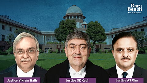 Justices SK Kaul, AS Oka, Vikram Nath with Supreme Court