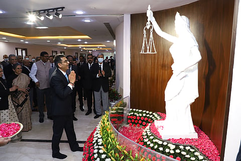 CJI DY Chandrachud bows before the Goddess of Justice