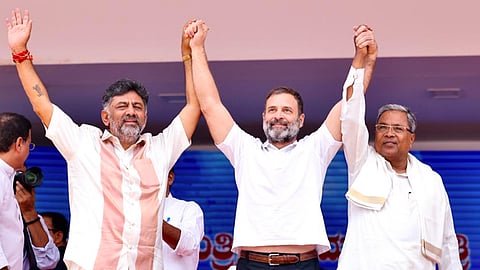 From left to right: DK Shivakumar, Rahul Gandhi and Siddaramaiah
