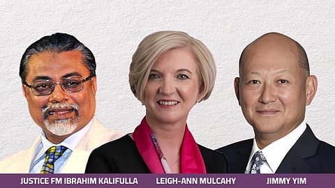 Justice FM Ibrahim Kalifulla, Leigh-Ann Mulcahy,  Jimmy Yim