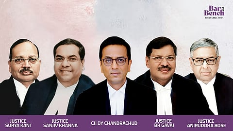 Justices Surya Kant, Sanjiv Khanna, CJI DY Chandrachud, BR Gavai, and Aniruddha Bose