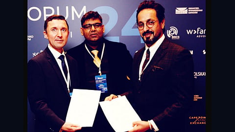 Vidhiśāstras Managing Partner Ashish Deep Verma (Middle), with  Ssalem Humaid Saif Almzaini (Right) and Dr Alexander G. Savosky (Left)