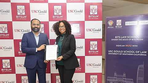 Prof. Ashish Bharadwaj (L) and Prof. Franita Tolson (R), Dean, USC Gould School of Law with signed MoU at BITS Law School, Mumbai