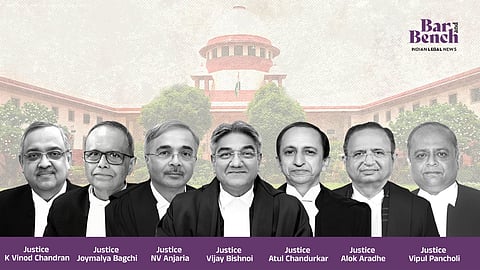 Justices K Vinod Chandran, Joymalya Bagchi, NV Anjaria, Vijay Bishnoi, Atul Chandurkar, Alok Aradhe and Vipul Pancholi 