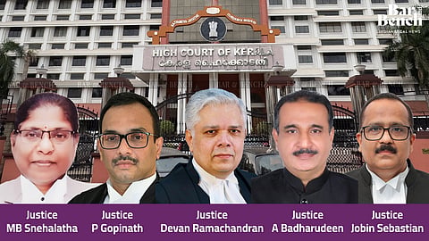 Justices MB Snehalatha, P Gopinath, Devan Ramachandran, A Badharudeen, and Jobin Sebastian