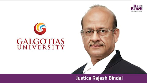 Justice Rajesh Bindal and Galgotias University logo
