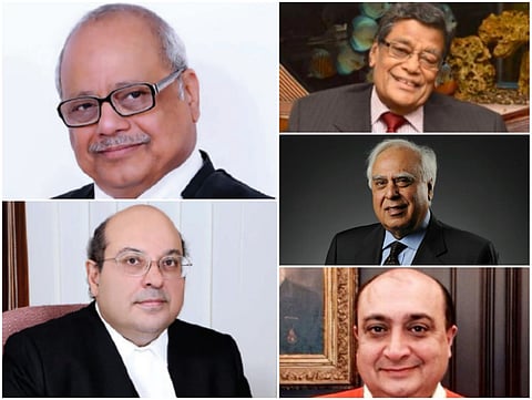 In Picture - Justice Pinaki Ghose (Top Left), Justice Rohinton Nariman (Bottom Left). Senior Advocates KK Venugopal and Kapil Sibal and Additional Solicitor General Neeraj Kishen Kaul 