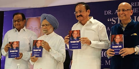 VP Venkaiah Naidu, former PM Manmohan Singh at launch of Abhishek Manu Singhvi’s book Straight Talk