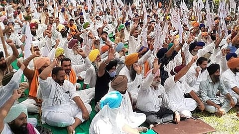 Farmers in Punjab staging a protest against the Farm Bills