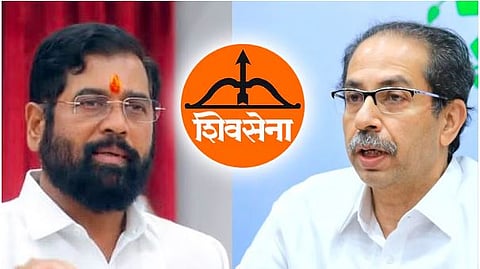 Uddhav Thackeray and Eknath Shinde with Shiv Sena party Logo
